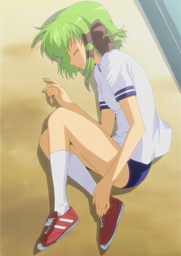 shigure asa, shuffle!, anime screenshot, 00s, buruma, episode7, green hair, grimace, gym uniform, hair ribbon, injury, lying, on side, pain, ribbon, solo