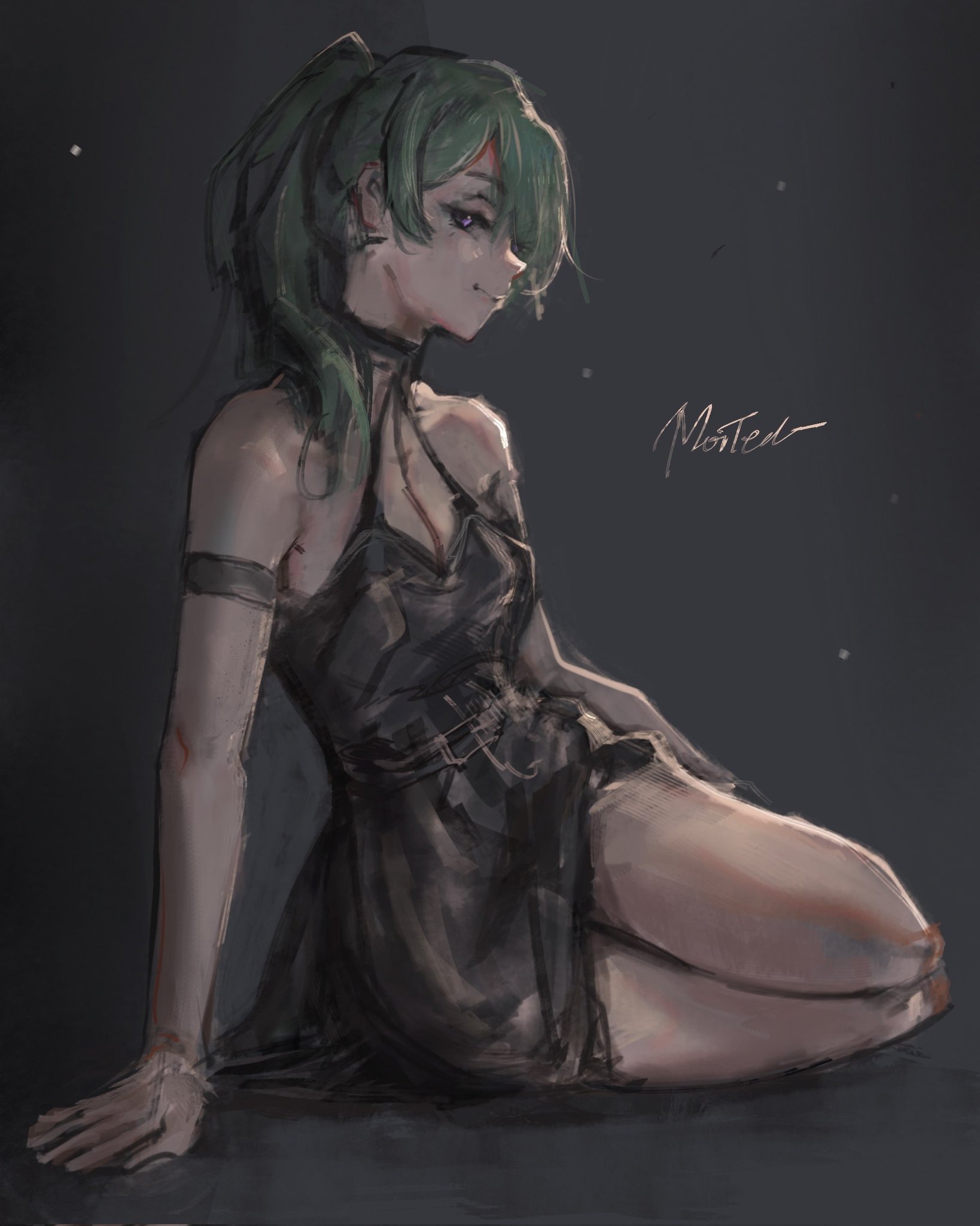 ubel (sousou no frieren), sousou no frieren, commentary, english commentary, highres, 1girl, arm strap, bare shoulders, black background, black dress, breasts, cleavage, closed mouth, dress, from side, full body, gradient background, green hair, long hair, looking at viewer, morted art, painterly, profile, purple eyes, short dress, side ponytail, sideways glance, signature, sitting, solo, thighs