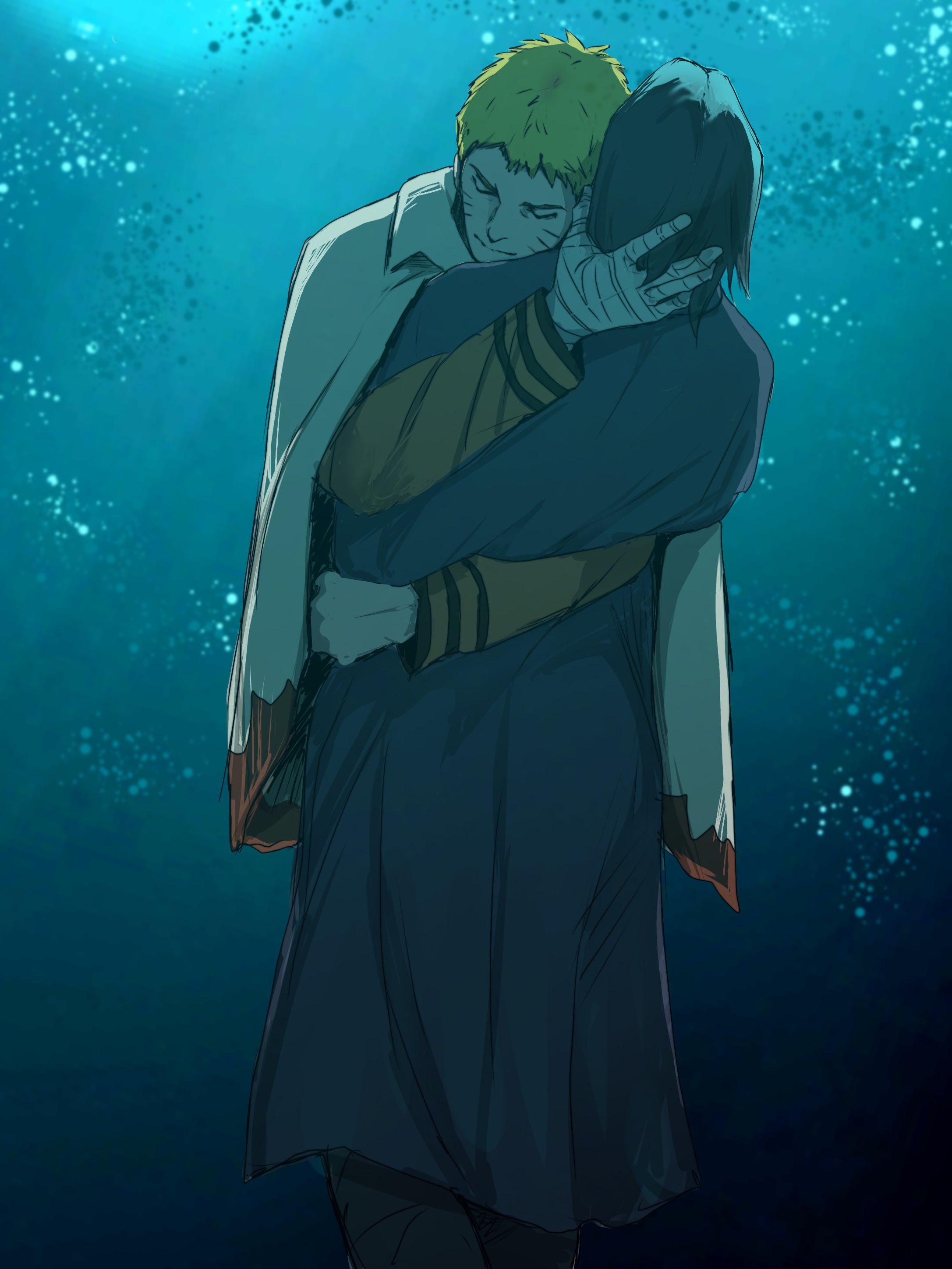 mi73suki, uchiha sasuke, uzumaki naruto, boruto: naruto next generations, naruto (series), absurdres, commentary, hashtag-only commentary, highres, 2boys, arm around waist, bandaged hand, bandages, black hair, blonde hair, cape, closed eyes, coat, facial mark, grey coat, hand on another's head, long sleeves, male focus, medium hair, multiple boys, short hair, standing, whisker markings, wing collar