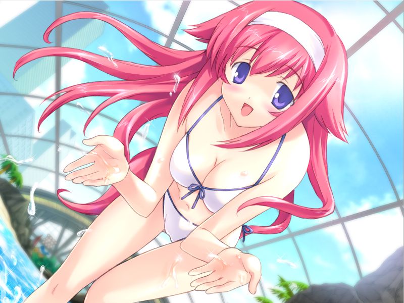 mutsumi masato, kamina sana, shimaima, shimaima., game cg, 1girl, bent over, bikini, blue eyes, blush, bra, breasts, cleavage, cloud, day, dutch angle, female focus, front-tie top, hairband, large breasts, lingerie, long hair, panties, pink hair, side-tie bikini bottom, smile, solo, splashing, swimsuit, thigh gap, thighs, underwear, wading, water, wet