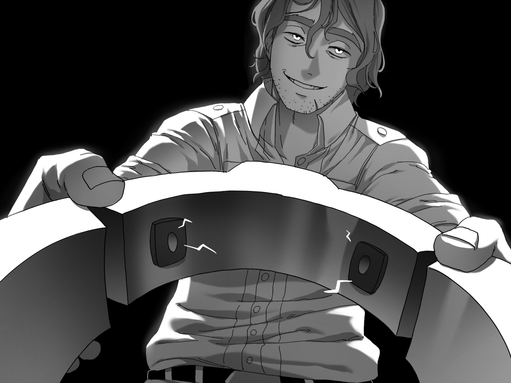 boyfriend to death, commentary request, highres, korean commentary, 1boy, black background, collar, collared shirt, electricity, facial hair, glowing, glowing eyes, goatee stubble, greyscale, grin, incoming gift, looking at viewer, male focus, medium hair, monochrome, pov, sexually suggestive, shirt, simple background, smile, soureeeee, strade (boyfriend to death), stubble, viewer self-insert, white shirt