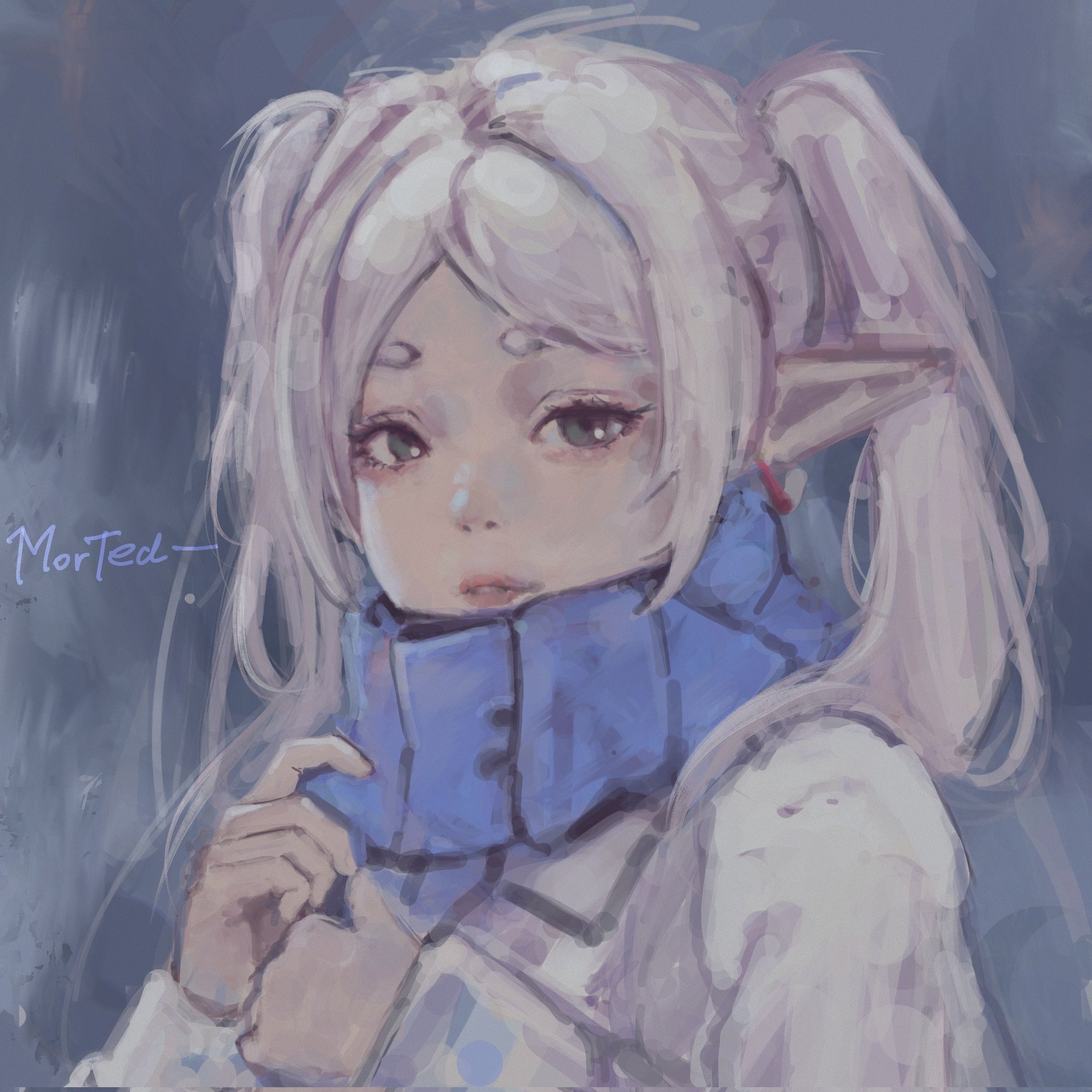 frieren, sousou no frieren, commentary, highres, 1girl, blue scarf, coat, earrings, elf, jewelry, lips, long hair, long sleeves, looking at viewer, morted art, painterly, parted lips, pointy ears, scarf, signature, solo, teardrop earrings, twintails, upper body, white coat, winter clothes