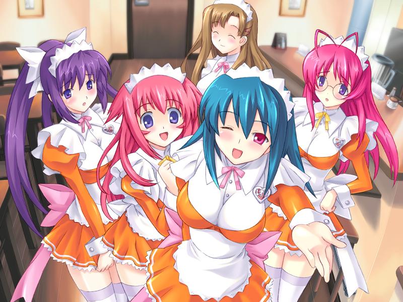 mutsumi masato, hyakkei nozomi, kamina sana, kamina shizuru, kazakiri rei, nanatsuki ayane, shimaima, shimaima., game cg, 5girls, antenna hair, apron, blush, brown hair, everyone, glasses, hairband, long hair, multiple girls, one eye closed, pink eyes, pink hair, ponytail, purple eyes, purple hair, thighhighs, waist apron, waitress, wink, zettai ryouiki