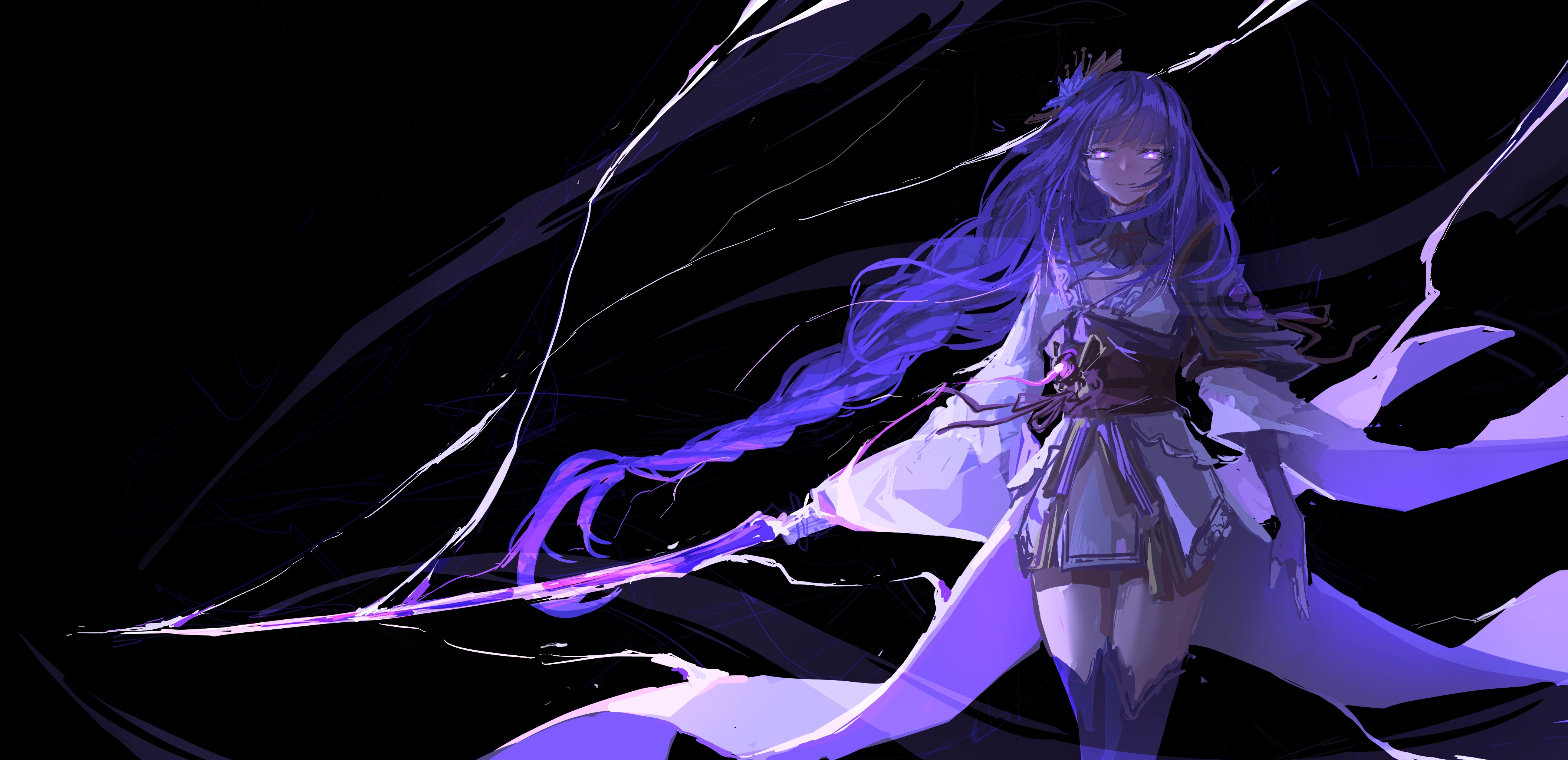 raiden shogun, genshin impact, absurdres, highres, 1girl, armor, black background, blunt bangs, braid, breasts, cleavage, closed mouth, cowboy shot, detached collar, fan hair ornament, floating hair, flower, glowing, glowing eyes, glowing weapon, goyu, hair flower, hair ornament, holding, holding sword, holding weapon, japanese clothes, katana, kimono, lightning, long braid, long hair, long sleeves, looking at viewer, low-braided long hair, low-tied long hair, mitsudomoe (shape), musou isshin (genshin impact), obiage, obijime, purple eyes, purple flower, purple hair, purple kimono, red sash, ribbon, sash, shoulder armor, simple background, smile, solo, standing, sword, thighhighs, tomoe (symbol), weapon, wide sleeves
