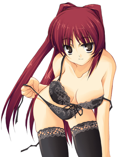 kousaka tamaki, to heart (series), to heart 2, untied, 00s, 1girl, black panties, black thighhighs, bra, breasts, brown eyes, cleavage, female focus, large breasts, leaning forward, lingerie, long hair, panties, red hair, side-tie panties, solo, strap slip, thighhighs, underwear, underwear only, undressing