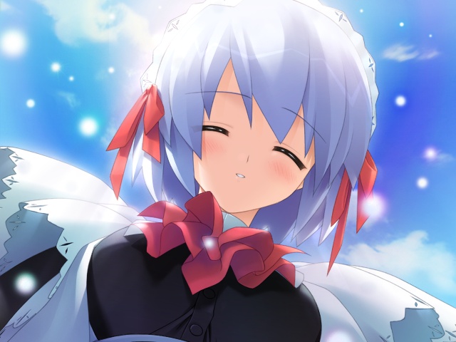 gayarou, kotonomiya yuki, suigetsu, silver hair, game cg, 1girl, ^ ^, blush, closed eyes, day, facing viewer, female focus, from below, maid, maid headdress, parted lips, short hair, sky, smile, solo, upper body