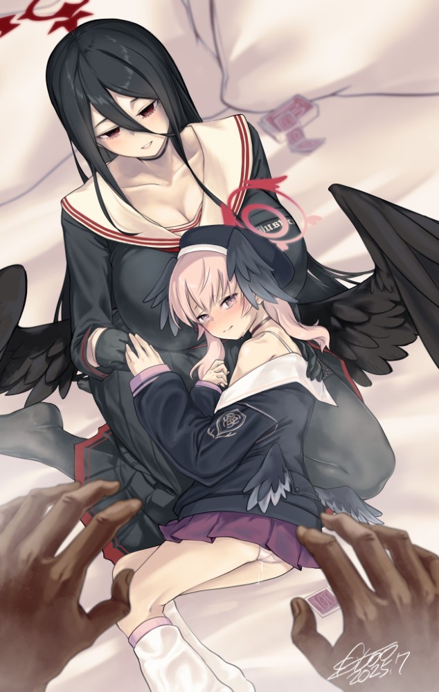 kj2, hasumi (blue archive), koharu (blue archive), blue archive, 1boy, 2girls, black gloves, black hair, black hat, black shirt, black skirt, black thighhighs, black wings, blush, breasts, choker, cleavage, collarbone, condom, condom box, condom wrapper, feathered wings, gloves, hair between eyes, halo, hat, head wings, large breasts, long hair, long hair between eyes, long sleeves, looking at viewer, looking down, loose socks, low twintails, low wings, lying on lap, multiple girls, panties, parted lips, pink eyes, pink hair, pink halo, pink skirt, pov, puffy long sleeves, puffy sleeves, red eyes, red halo, sailor collar, shirt, signature, single bare shoulder, sitting, skirt, socks, thighhighs, thighs, twintails, underwear, very long hair, white panties, white sailor collar, white socks, wings