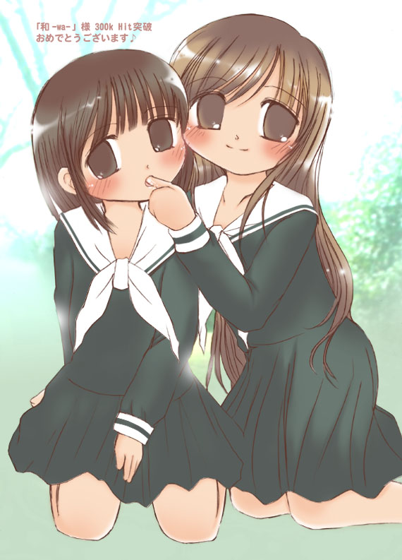 nijou noriko, toudou shimako, maria-sama ga miteru, 00s, 2girls, brown hair, finger in another's mouth, kneeling, long hair, multiple girls, school uniform, serafuku, smile, yuri