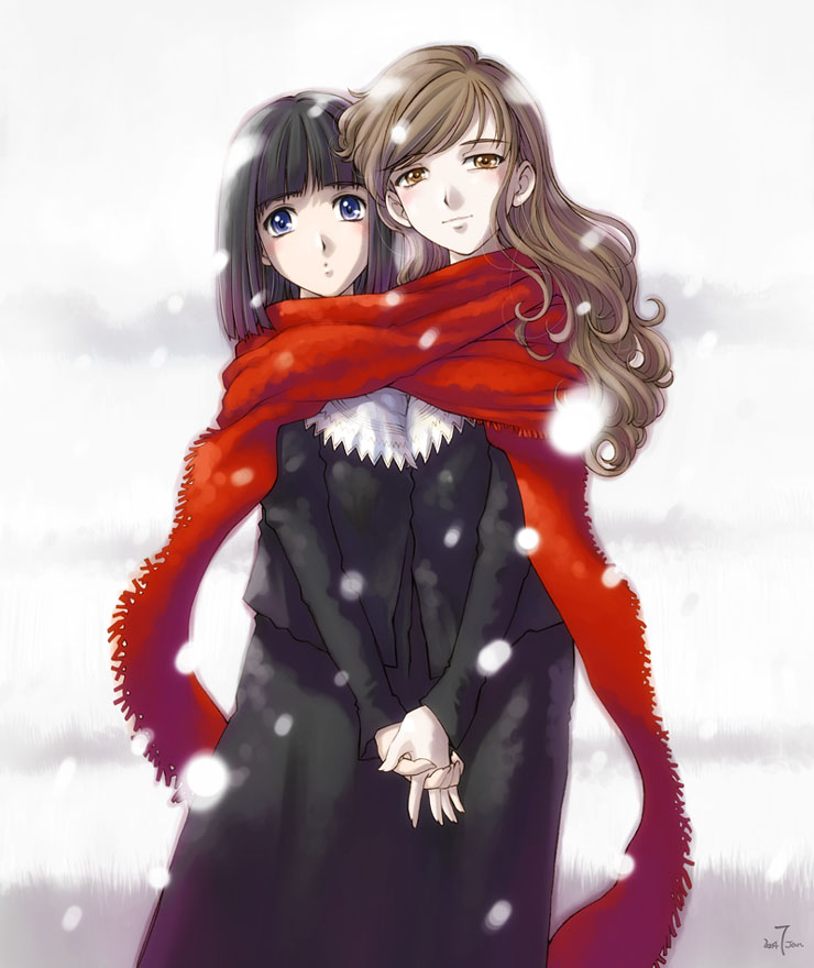 sameha ikuya, nijou noriko, toudou shimako, maria-sama ga miteru, 00s, 2girls, black hair, brown hair, holding hands, long hair, looking at viewer, multiple girls, red scarf, scarf, shared clothes, shared scarf, snowing, yuri