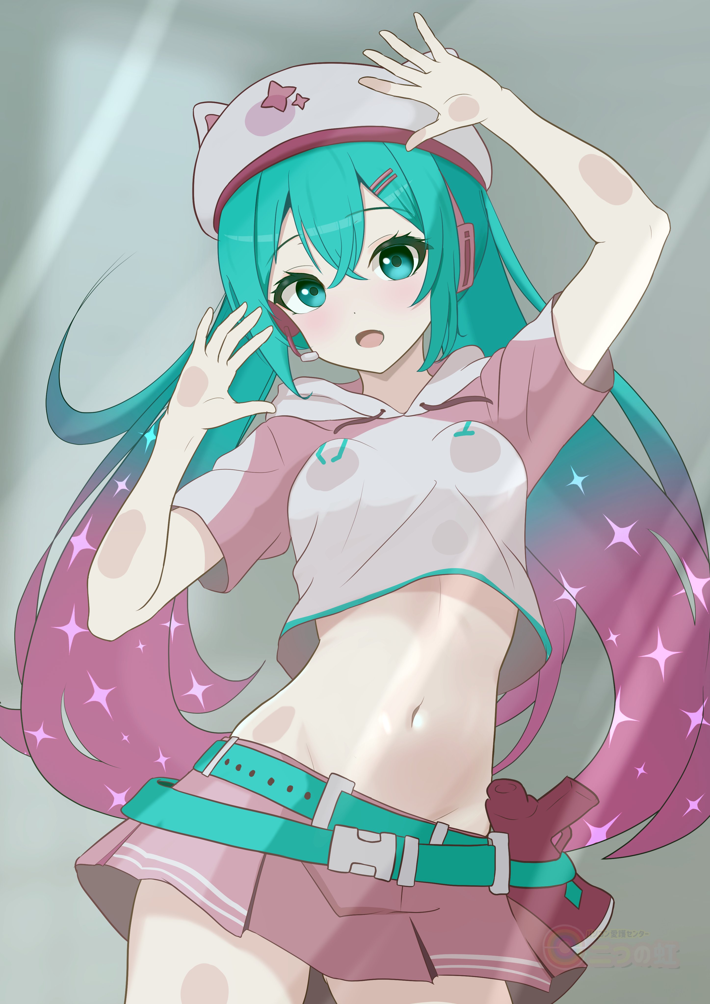 futatunoniji, hatsune miku, neko hatsune miku, fortnite, vocaloid, absurdres, highres, 1girl, animal hat, aqua eyes, aqua hair, blush, breasts, cat hat, crop top, gradient hair, hair ornament, hat, headset, hood, hoodie, long hair, midriff, mirror, multicolored hair, navel, open mouth, pink hair, pink hat, pink hoodie, pink skirt, short sleeves, skirt, solo, stomach, twintails, two-tone hair