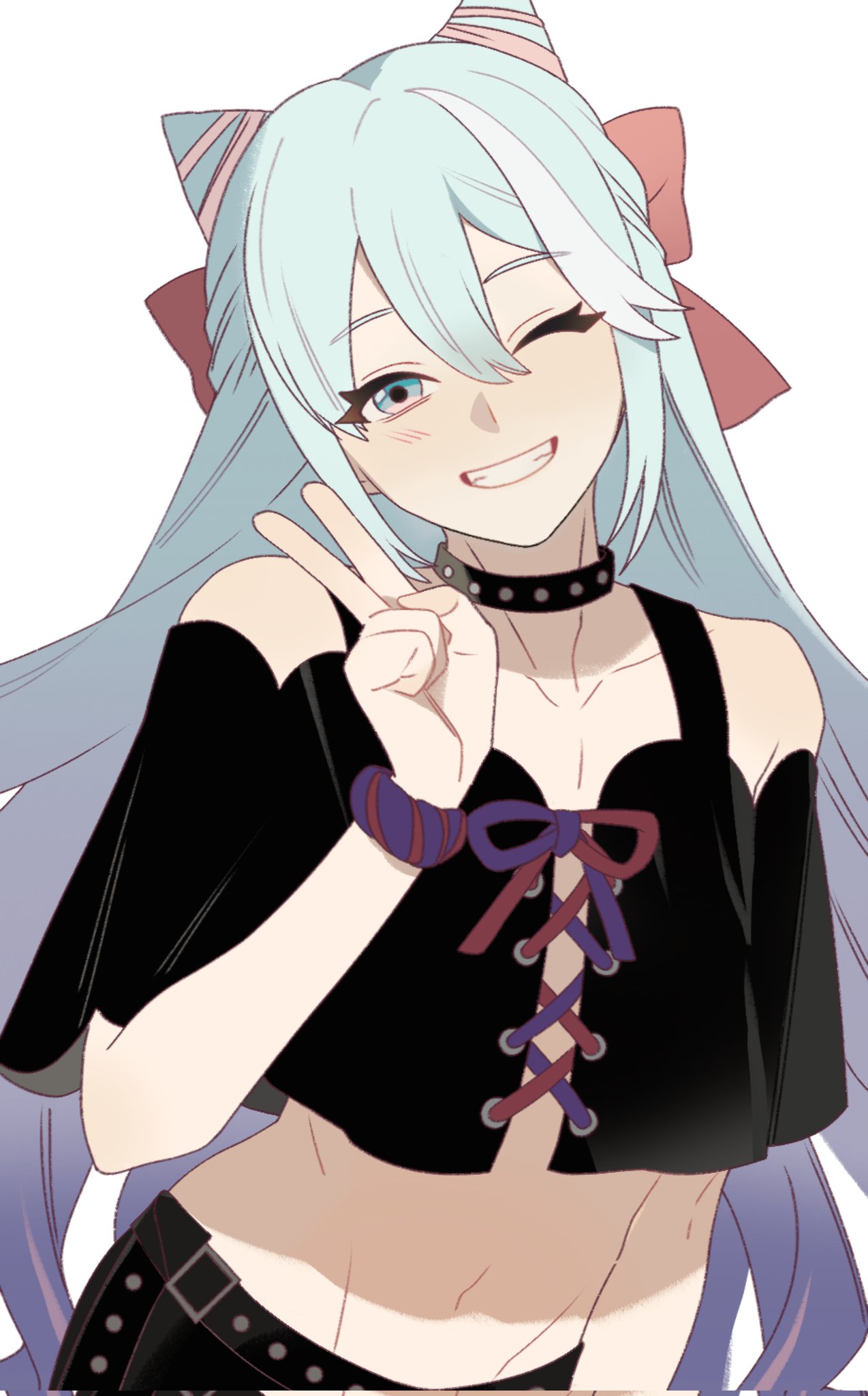 dr metagross, rosado (fire emblem), fire emblem, fire emblem engage, nintendo, highres, 1boy, androgynous, bare shoulders, blue eyes, blue hair, collarbone, cone hair bun, drill hair, hair bun, hair horns, long hair, looking at viewer, pink hair, smile, solo, stomach, trap, v
