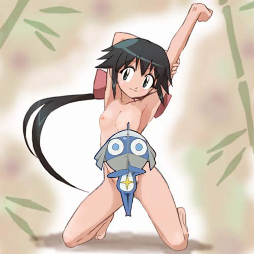 haruyama kazunori, azumaya koyuki, dororo, dororo (keroro gunsou), keroro gunsou, lowres, 1girl, 1other, armpits, barefoot, breasts, censored, character censor, convenient censoring, female focus, hair ribbon, kneeling, long hair, ninja, nipples, novelty censor, ribbon, small breasts, solo