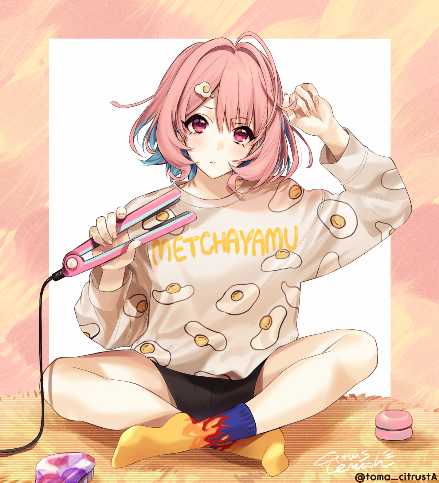 citrus lemon, yumemi riamu, idolmaster, idolmaster cinderella girls, idolmaster cinderella girls starlight stage, highres, 1girl, ahoge, black shorts, blue hair, blue socks, blush, closed mouth, clothes writing, colored inner hair, comb, egg hair ornament, egg print, fang, fang out, fingernails, flame print, food, food-themed hair ornament, hair intakes, hair ornament, hair straightener, hairclip, holding hair straightener, long sleeves, macaron, medium hair, multicolored hair, nail polish, pink background, pink eyes, pink hair, pink lips, pink nails, red socks, rug, shirt, shorts, signature, sitting, socks, solo, thighs, twirling hair, twitter username, two-tone hair, white background, white shirt, yellow socks