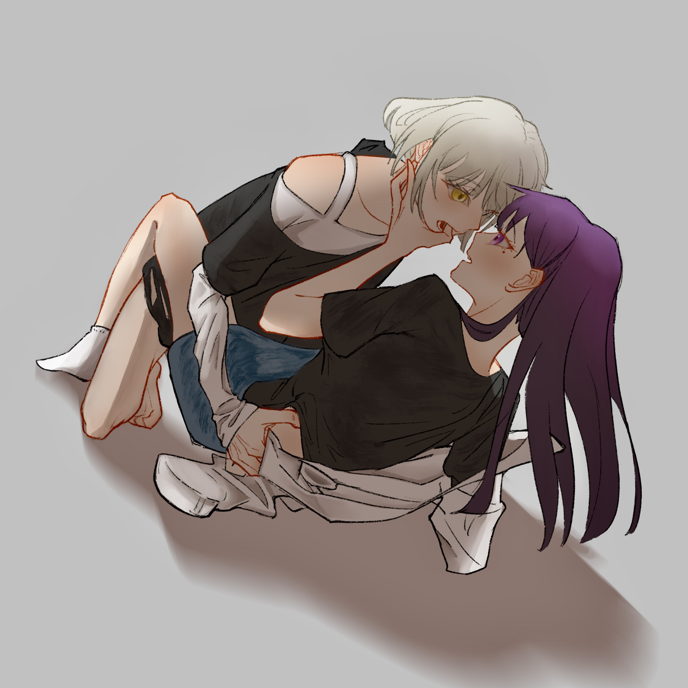 kaname raana, shiina taki, bang dream!, bang dream! it's mygo!!!!!, chinese commentary, commentary request, highres, 2girls, barefoot, between legs, black shirt, blue skirt, finger in another's mouth, grey background, mole, mole under eye, multiple girls, open mouth, purple eyes, purple hair, shadow, shika vobit, shirt, short hair, simple background, skirt, socks, white hair, white shirt, white socks, yellow eyes, yuri