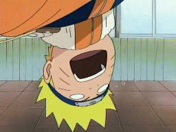 uzumaki naruto, naruto (classic), naruto (series), animated, animated gif, anime screenshot, lowres, 1boy, blonde hair, day, full body, headbutt, indoors, male focus, orange shirt, shirt, solo, spiked hair