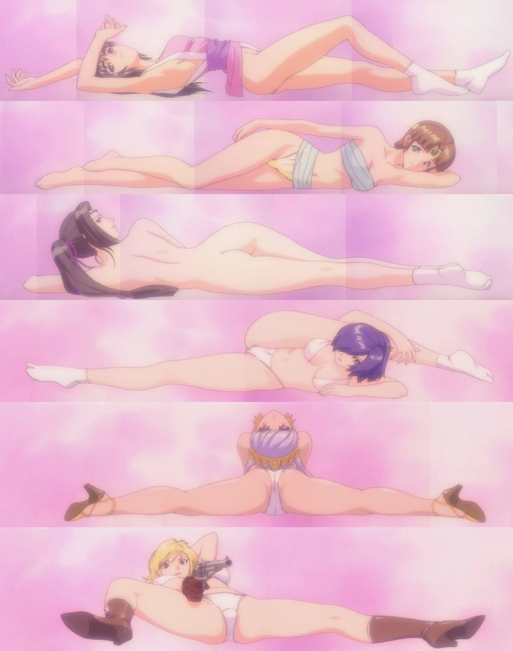 aoi natsu, aoi shinka, carrie white, erola suppaatoka, kasumi (honoo no labyrinth), nastassja nijinsky, honoo no labyrinth, brown footwear, silver hair, vehicle, white legwear, anime screenshot, highres, stitched, third-party edit, 00s, 6+girls, aiming, arched back, arm behind head, arm up, armpits, arms up, ass, back, black hair, blue eyes, blue hair, boots, bra, breasts, breasts apart, brown gloves, brown hair, cameltoe, chest sarashi, cleavage, collage, contortion, covered erect nipples, cowboy boots, crotch, everyone, feet, flexible, flipped hair, from behind, from side, full body, gloves, green eyes, gun, hair ornament, hair over one eye, hair ribbon, hair stick, handgun, headband, high heel boots, high heels, high ponytail, highleg, highleg panties, japanese clothes, kimono, knee up, kneepits, large breasts, legs, light smile, lipstick, long hair, looking back, lying, makeup, military, military vehicle, multiple girls, nude, on back, on side, panties, pink background, pink eyes, pinup (style), ponytail, profile, red eyes, red lips, revolver, ribbon, sarashi, sash, shoes, short hair, short kimono, short ponytail, simple background, small breasts, smile, socks, split, spread legs, string panties, tabi, tiara, underwear, underwear only, weapon, white bra, white panties, yellow eyes