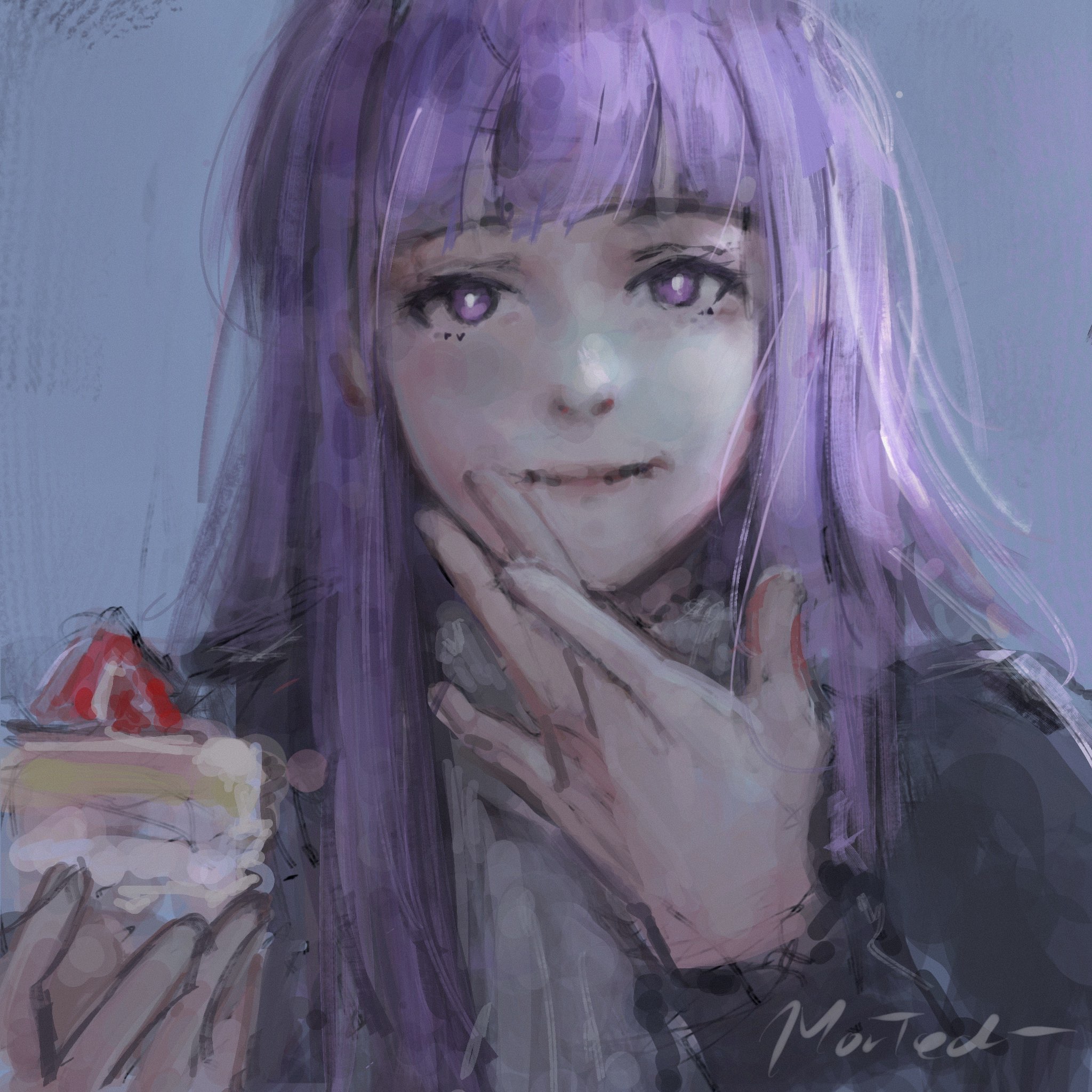 fern (sousou no frieren), sousou no frieren, commentary, highres, 1girl, black robe, blue background, blunt bangs, cake, cake slice, closed mouth, food, hand on own cheek, hand on own face, hand up, lips, long hair, long sleeves, looking at viewer, morted art, painterly, portrait, purple eyes, purple hair, robe, signature, solo, wiping mouth