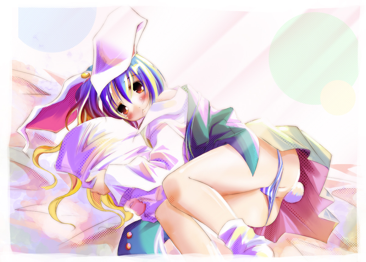 kamiya yuu, pixel phantom, reisen udongein inaba, touhou, 1girl, animal ears, ass, blue hair, blue panties, blush, dress, female focus, gradient background, lying, on side, panties, panty pull, rabbit ears, rabbit girl, rabbit tail, red eyes, socks, solo, striped clothes, striped panties, tail, underwear, upskirt