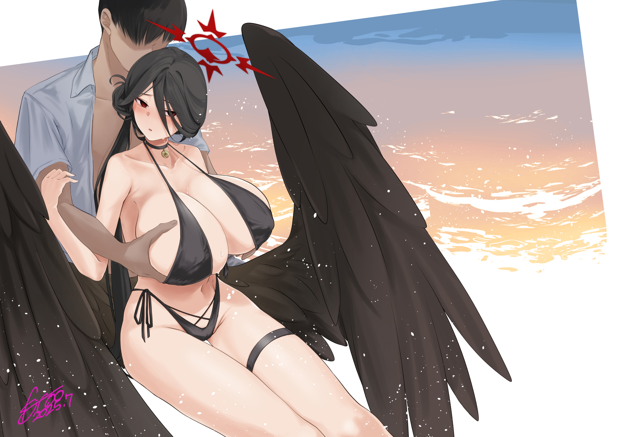 kj2, hasumi (blue archive), hasumi (swimsuit) (blue archive), blue archive, highres, 1boy, 1girl, bare shoulders, bikini, black bikini, black hair, black wings, blue shirt, blush, breasts, cleavage, collarbone, feathered wings, front-tie bikini top, front-tie top, grabbing another's breast, grabbing from behind, groin, groping, hair between eyes, hair bun, halo, huge breasts, long hair, long hair between eyes, looking at viewer, low wings, navel, open clothes, open shirt, parted lips, ponytail, red eyes, red halo, shirt, short hair, side-tie bikini bottom, signature, sitting, swimsuit, thigh strap, thighs, very long hair, wings