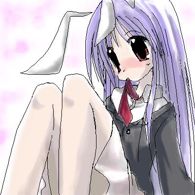 reisen udongein inaba, touhou, lowres, 1girl, animal ears, arm support, blazer, blush, female focus, head tilt, jacket, leaning back, long hair, miniskirt, mouth hold, necktie, nose blush, oekaki, off shoulder, pleated skirt, purple hair, rabbit ears, red eyes, red necktie, sidelocks, sitting, skirt, solo, very long hair, white background