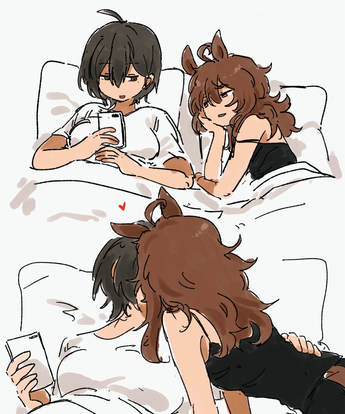 roroko momo, female trainer (umamusume), nakayama festa (umamusume), trainer (umamusume), umamusume, commentary request, highres, 2girls, animal ears, black camisole, black hair, brown hair, camisole, cellphone, hand on another's waist, heart, holding, holding phone, horse ears, horse girl, horse tail, kiss, long hair, multiple girls, parted lips, phone, pillow, purple eyes, shirt, short hair, short sleeves, smartphone, smile, tail, under covers, white shirt, yuri