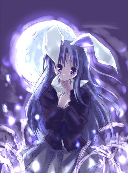 reisen udongein inaba, touhou, 1girl, animal ears, female focus, purple background, purple eyes, purple sky, purple theme, rabbit ears, sky, solo