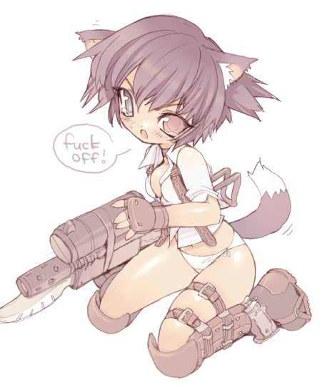 blade (galaxist), lady (devil may cry), capcom, devil may cry (series), 00s, 1girl, animal ear fluff, animal ears, black boots, blouse, boots, bottomless, breasts, brown eyes, brown hair, cat ears, cat tail, cleavage, english text, female focus, gun, heterochromia, kemonomimi mode, knee boots, navel, no pants, panties, profanity, rocket launcher, shirt, short hair, side-tie panties, small breasts, solo, tail, tears, underwear, weapon, white panties