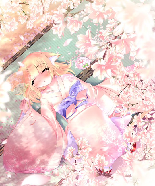 inuneko, 1girl, animal ears, blonde hair, cat ears, cherry blossoms, closed eyes, dango, female focus, folding fan, food, hand fan, japanese clothes, kimono, lying, obi, on back, plate, poorly drawn, sanshoku dango, sash, skewer, solo, wagashi