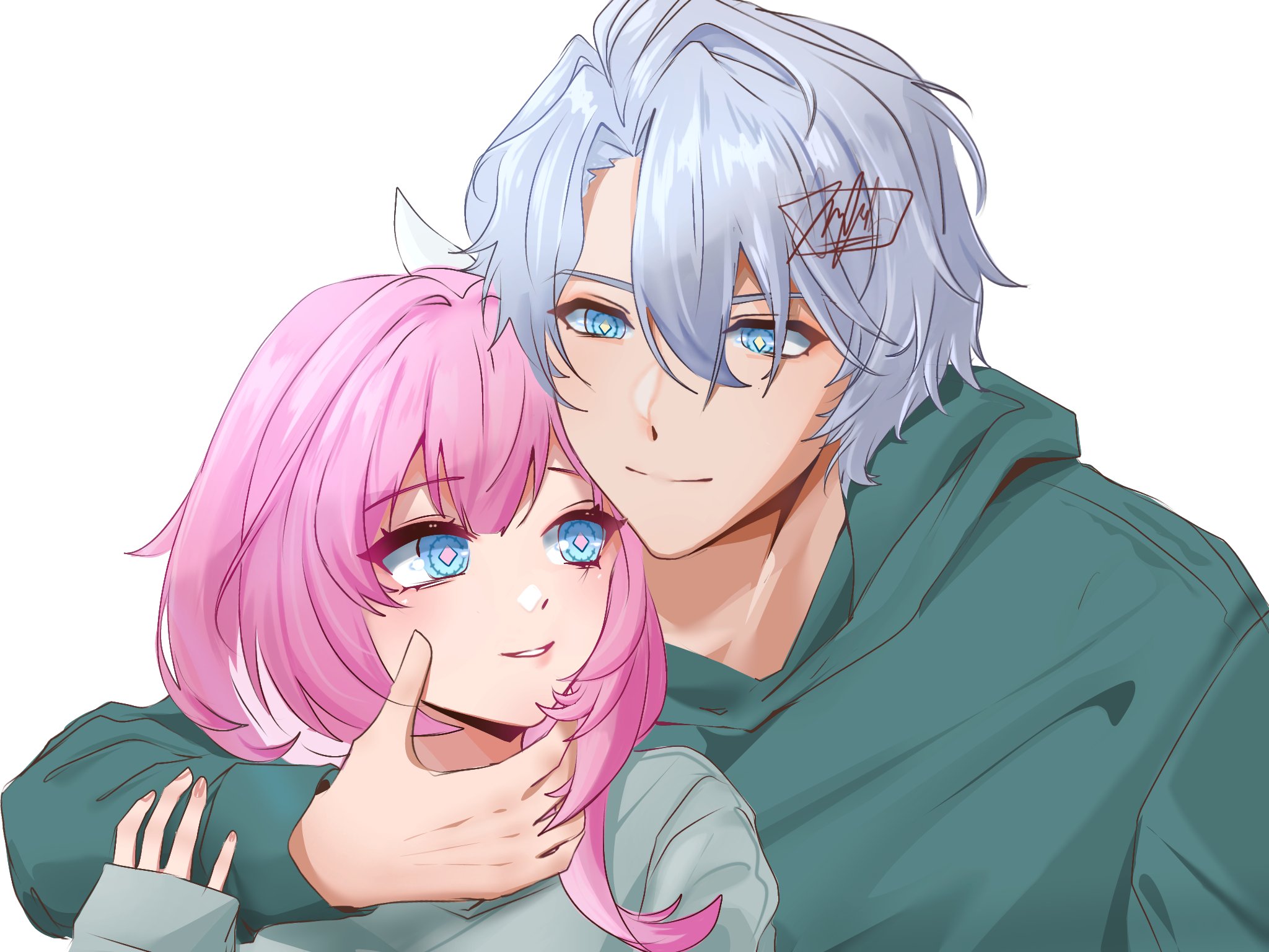 cyrene (honkai: star rail), phainon (honkai: star rail), honkai: star rail, honkai (series), commentary, english commentary, highres, 1boy, 1girl, alternate costume, blue eyes, couple, green sweater, hand on another's cheek, hand on another's face, hetero, hood, hooded sweater, looking at another, pink hair, short hair, smile, sweater, upper body, white hair, zayaarteu
