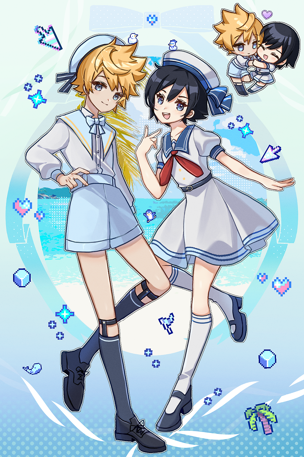 zer00han, roxas, xion (kingdom hearts), kingdom hearts, kingdom hearts 358/2 days, commentary request, highres, 1boy, 1girl, alternate costume, black hair, black shoes, black socks, blonde hair, blue eyes, blue sailor collar, blue shorts, blush, chibi, closed eyes, hat, long sleeves, neckerchief, red neckerchief, sailor collar, sailor shirt, shirt, shoes, short hair, shorts, skirt, smile, socks, v, white hat, white shirt, white skirt, white socks