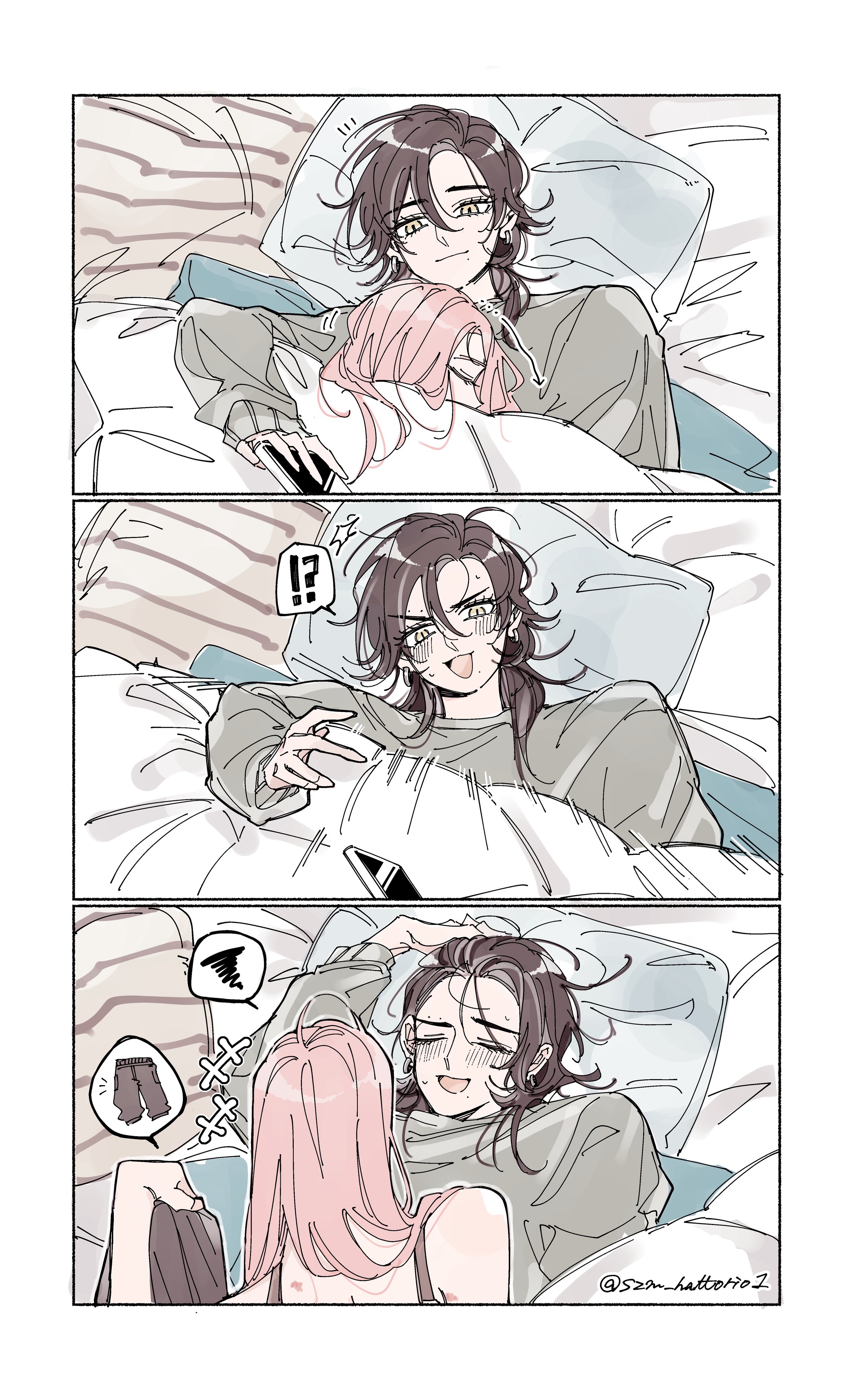 szm hattori01, original, absurdres, commentary request, highres, !?, 2girls, black hair, blush, cellphone, closed eyes, closed mouth, cuddling, earrings, grey sweater, hickey, holding, holding phone, jewelry, mole, mole under mouth, multiple girls, open mouth, phone, pillow, pink hair, smartphone, spoken interrobang, spoken object, spoken squiggle, squiggle, sweat, sweater, under covers, yellow eyes, yuri