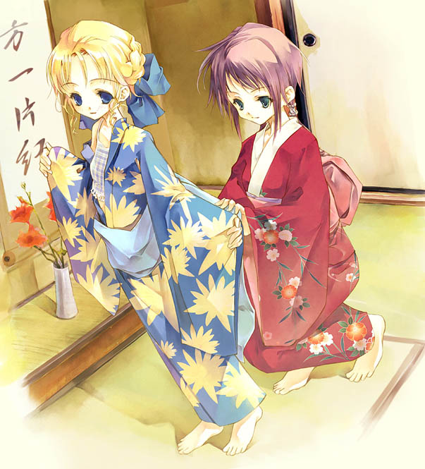 sumi keiichi, original, 2girls, barefoot, blonde hair, blue eyes, bow, dressing, feet, floral print, green eyes, hair ribbon, hanging scroll, japanese clothes, kimono, multiple girls, obi, purple hair, ribbon, sash, scroll, squatting, standing, tatami, undressing, wide sleeves, yukata