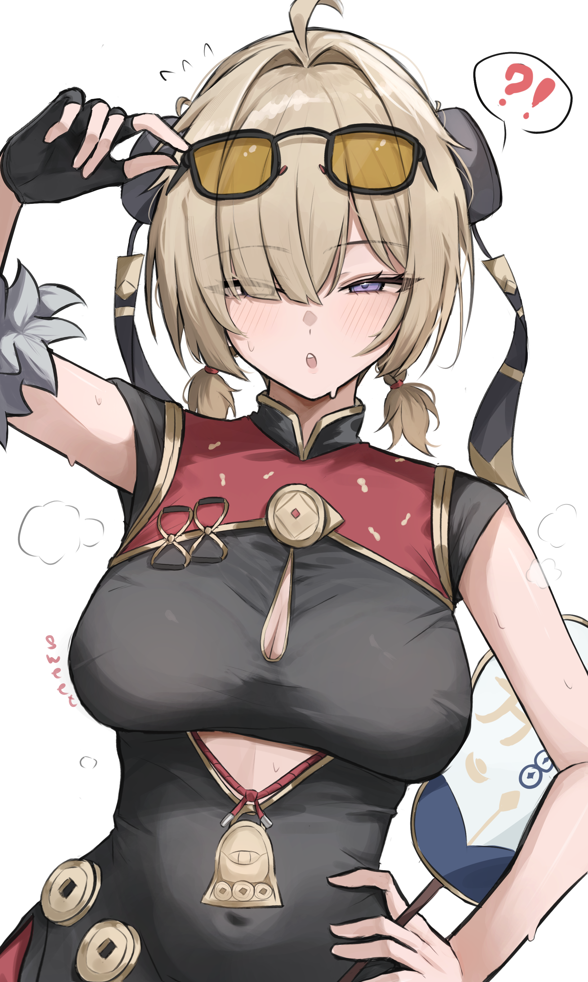 hoangryu, sweety (zenless zone zero), zenless zone zero, absurdres, commentary, highres, !?, :o, adjusting eyewear, ahoge, black dress, black gloves, breasts, brown hair, china dress, chinese clothes, cleavage cutout, clothing cutout, dress, eyewear on head, fingerless gloves, gloves, large breasts, looking at viewer, purple eyes, short hair, simple background, speech bubble, white background