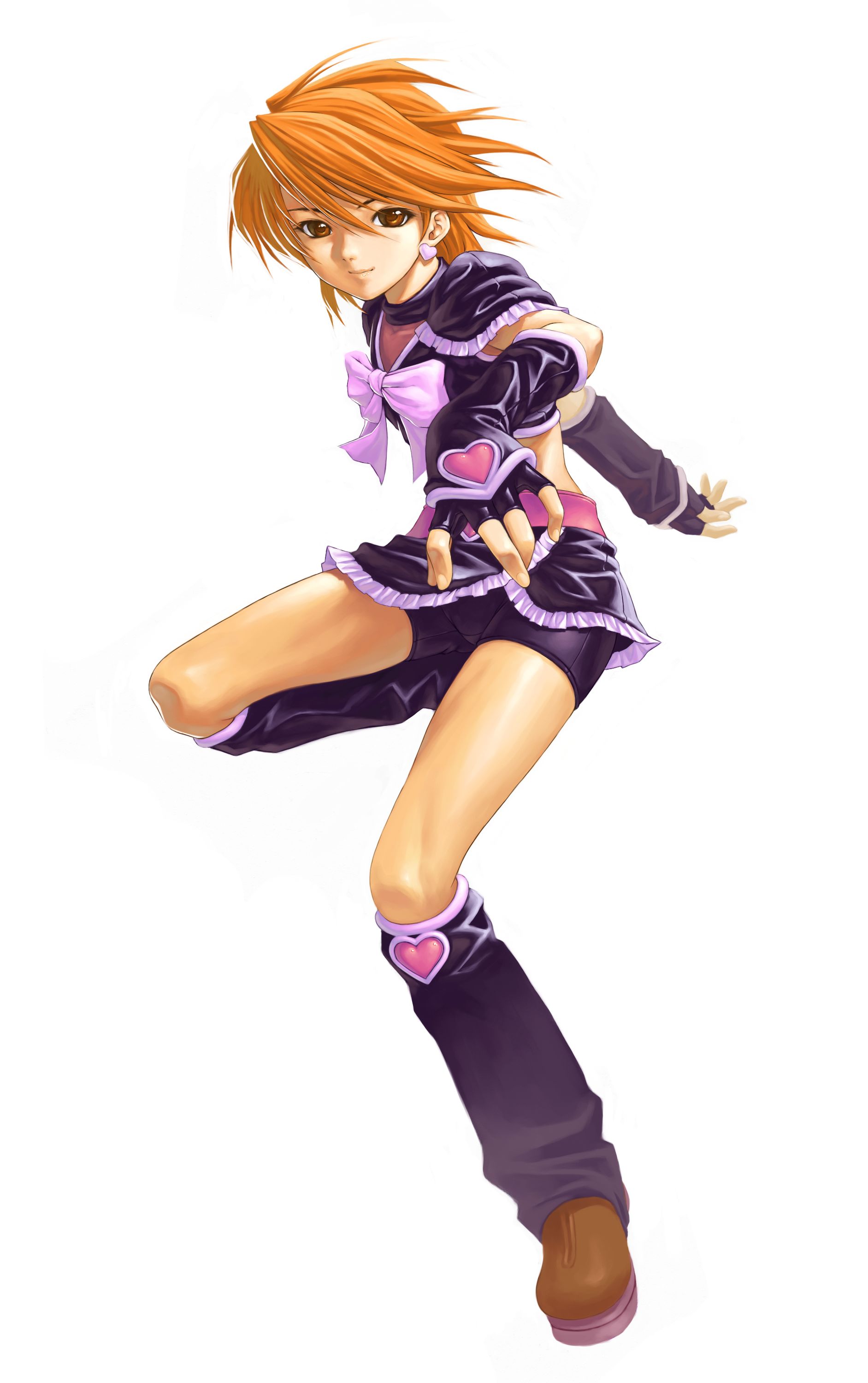kazuma muramasa, cure black, misumi nagisa, futari wa precure, precure, absurdres, highres, 00s, 1girl, black boots, boots, brown eyes, brown hair, earrings, female focus, full body, gloves, jewelry, magical girl, midriff, short hair, simple background, solo, white background