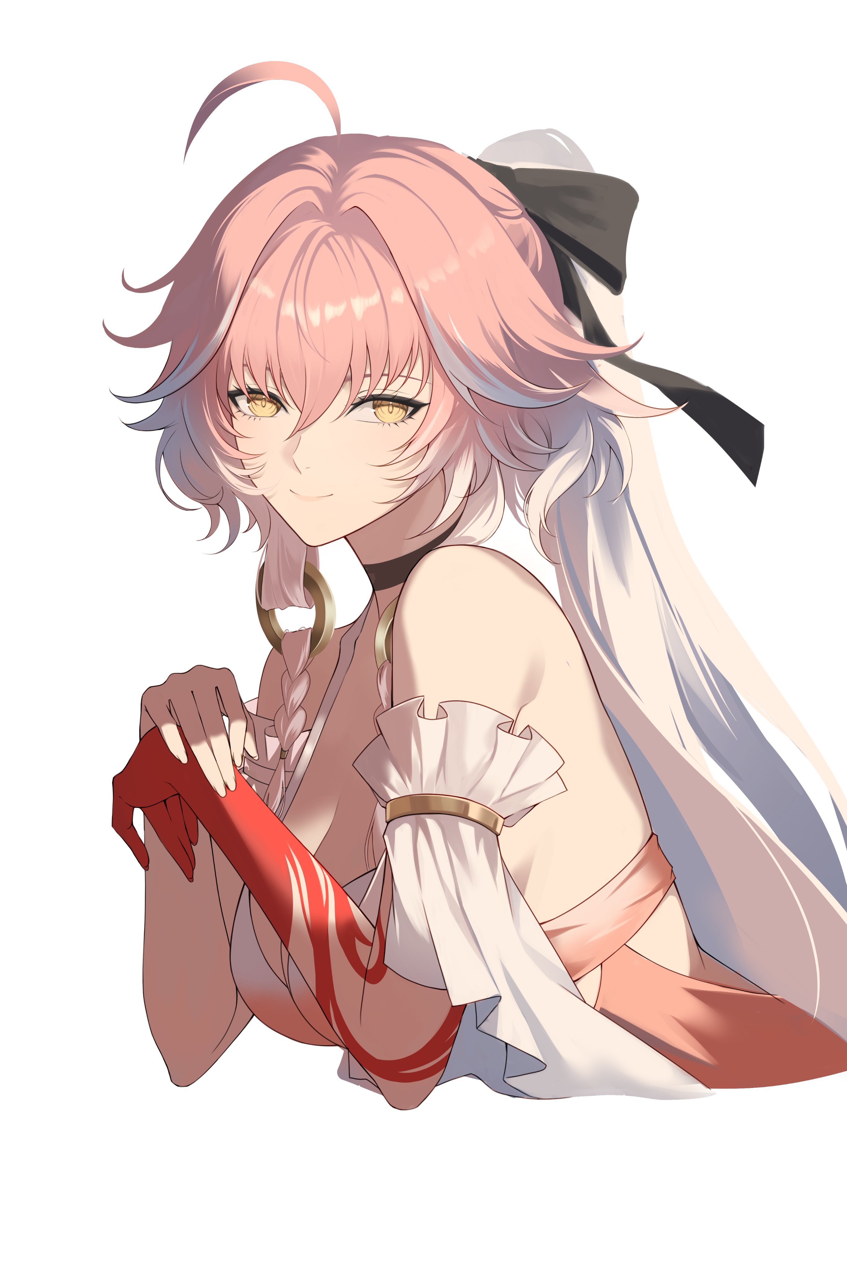 i a n, changli (laurel nymph) (wuthering waves), changli (wuthering waves), wuthering waves, absurdres, commentary, hashtag-only commentary, highres, 1girl, ahoge, bare shoulders, black choker, braid, breasts, choker, closed mouth, colored extremities, cropped torso, from side, hair between eyes, hair extensions, hair intakes, large breasts, long hair, looking at viewer, official alternate costume, ponytail, red hands, ring hair extensions, simple background, smile, solo, white hair, yellow eyes