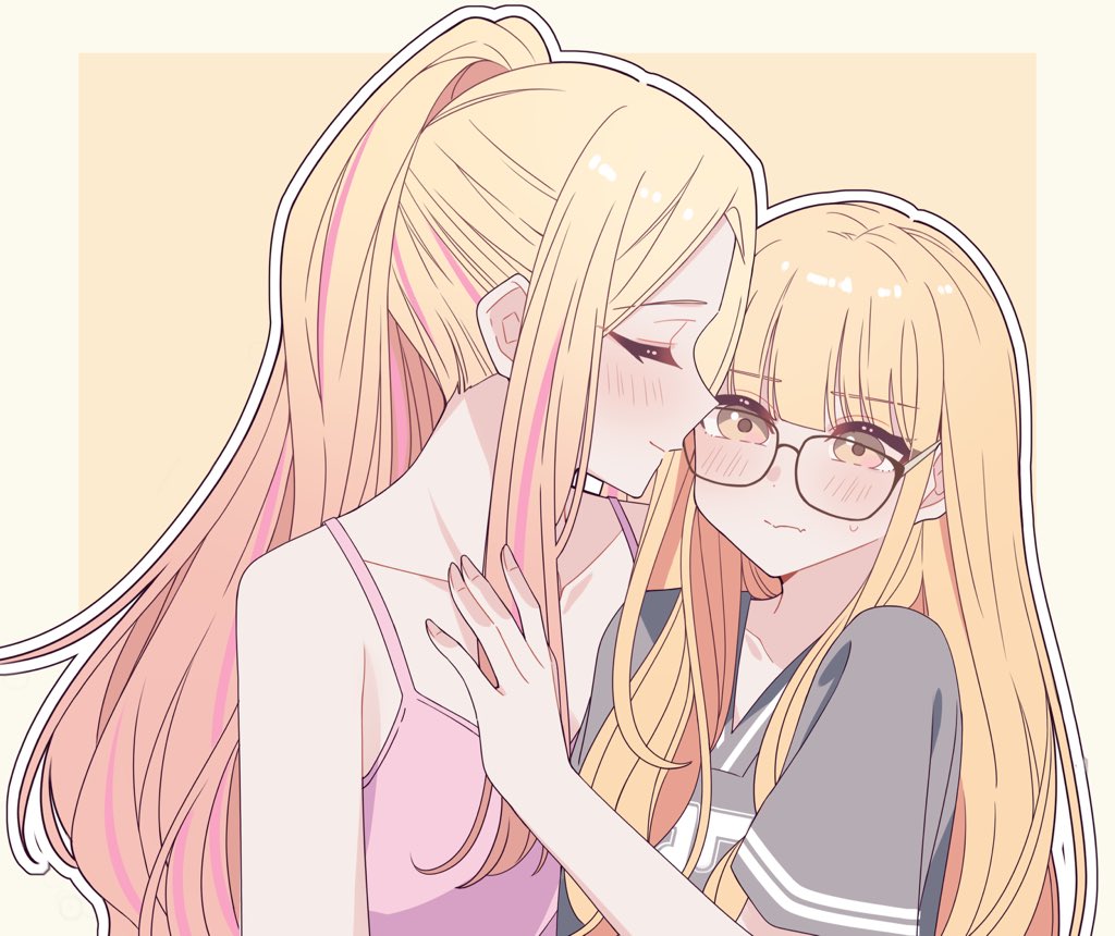 kousaka 0v0, fujita kotone, juo sena, gakuen idolmaster, idolmaster, commentary, 2girls, blonde hair, blush, border, camisole, closed eyes, closed mouth, fang, glasses, grey shirt, hand on another's chest, multiple girls, outline, pink camisole, pink streaks, ponytail, shirt, simple background, skin fang, smile, sweatdrop, upper body, white outline, yellow background, yellow border, yellow eyes, yuri