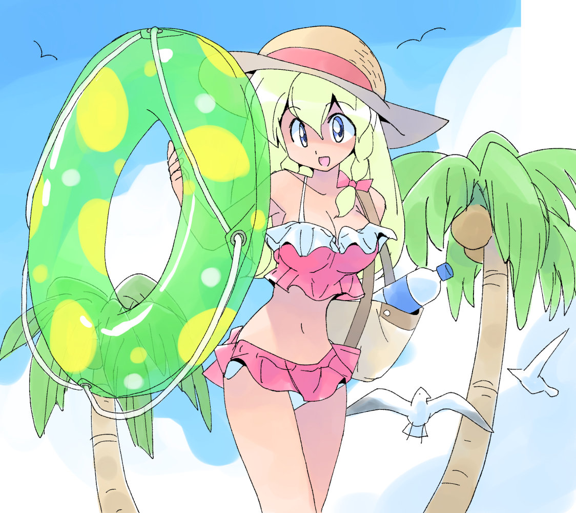 masuki, original, 1girl, :d, animal, bag, bare shoulders, bikini, bikini skirt, bird, blonde hair, blue eyes, bottle, braid, cowboy shot, day, dot nose, frilled bikini top, hair between eyes, hat, holding, holding swim ring, innertube, long hair, looking at viewer, navel, open mouth, outdoors, palm tree, pink bikini, seagull, shoulder bag, single braid, smile, solo, straw hat, summer, swim ring, swimsuit, tree, walking