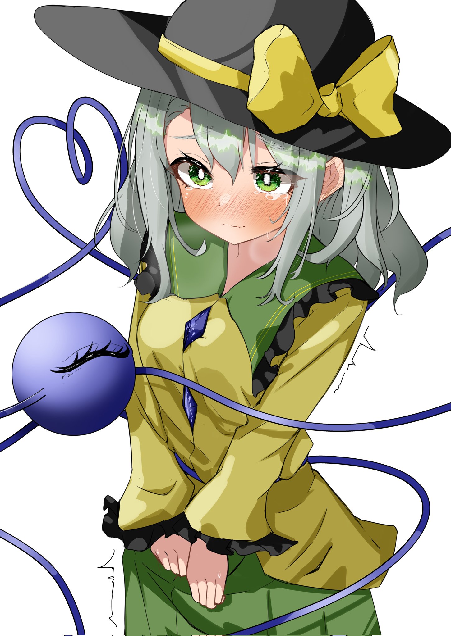 amane alice, komeiji koishi, touhou, alt text, commentary request, corrupted twitter file, highres, 1girl, black hat, blush, bow, bright pupils, buttons, closed mouth, covering crotch, covering privates, cowboy shot, crying, crying with eyes open, diamond button, ear blush, eyelashes, frilled shirt collar, frilled sleeves, frills, furrowed brow, green eyes, green hair, green skirt, hair between eyes, hair over shoulder, hat, hat bow, long sleeves, looking at viewer, medium hair, nose blush, shirt, sidelocks, simple background, skirt, solo, sun hat, tears, third eye, twitching, v arms, wavy mouth, white background, white pupils, wide sleeves, yellow bow, yellow shirt