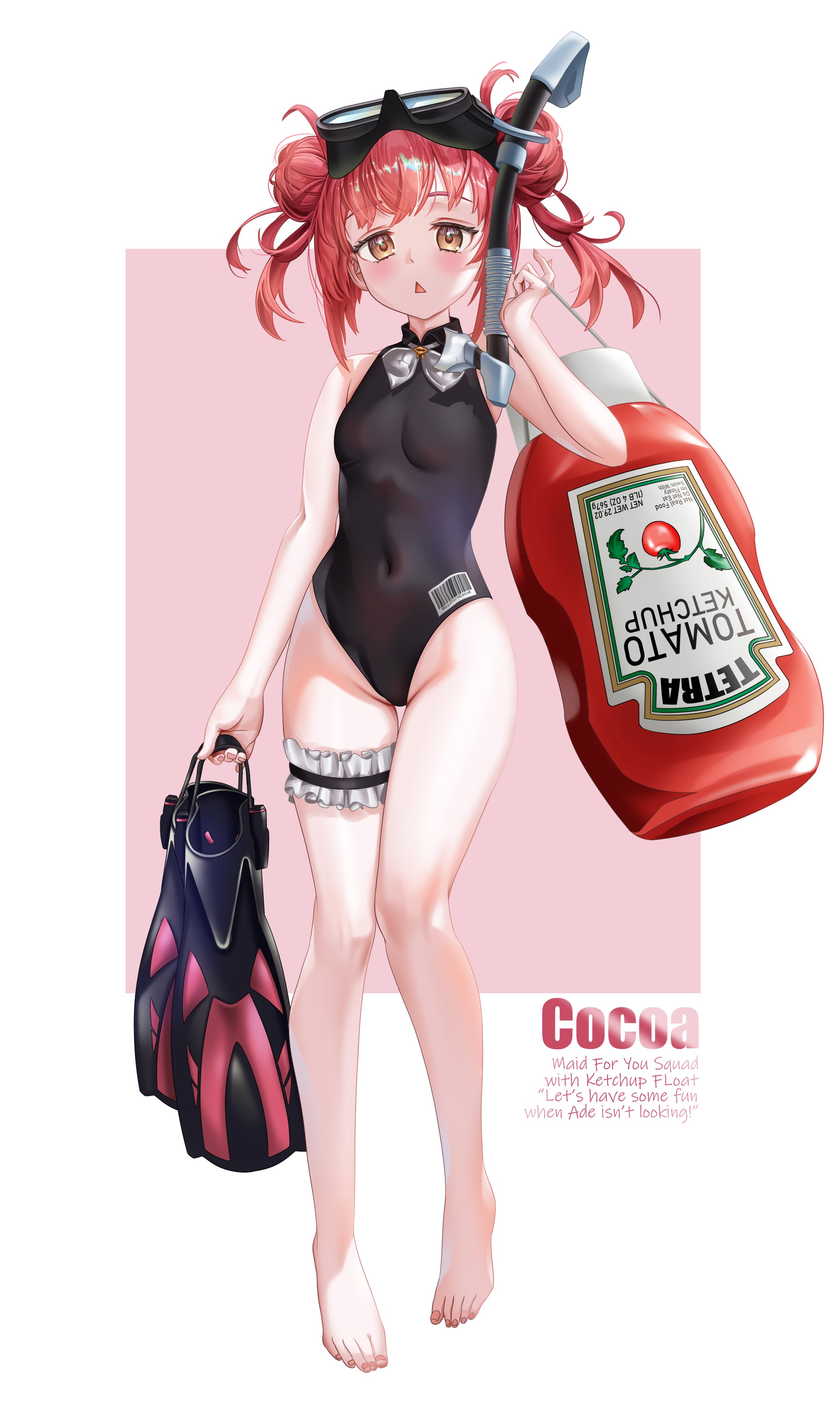 cocoa (nikke), goddess of victory: nikke, absurdres, highres, 1girl, barcode, bbshrimp, black one-piece swimsuit, blush, bow, bowtie, breasts, character name, double bun, english text, flippers, frilled thigh strap, full body, grey bow, grey bowtie, hair bun, hand up, holding, ketchup bottle, looking at viewer, one-piece swimsuit, pink background, red hair, small breasts, snorkel, standing, swimsuit, thigh strap, triangle mouth, two-tone background, white background, yellow eyes