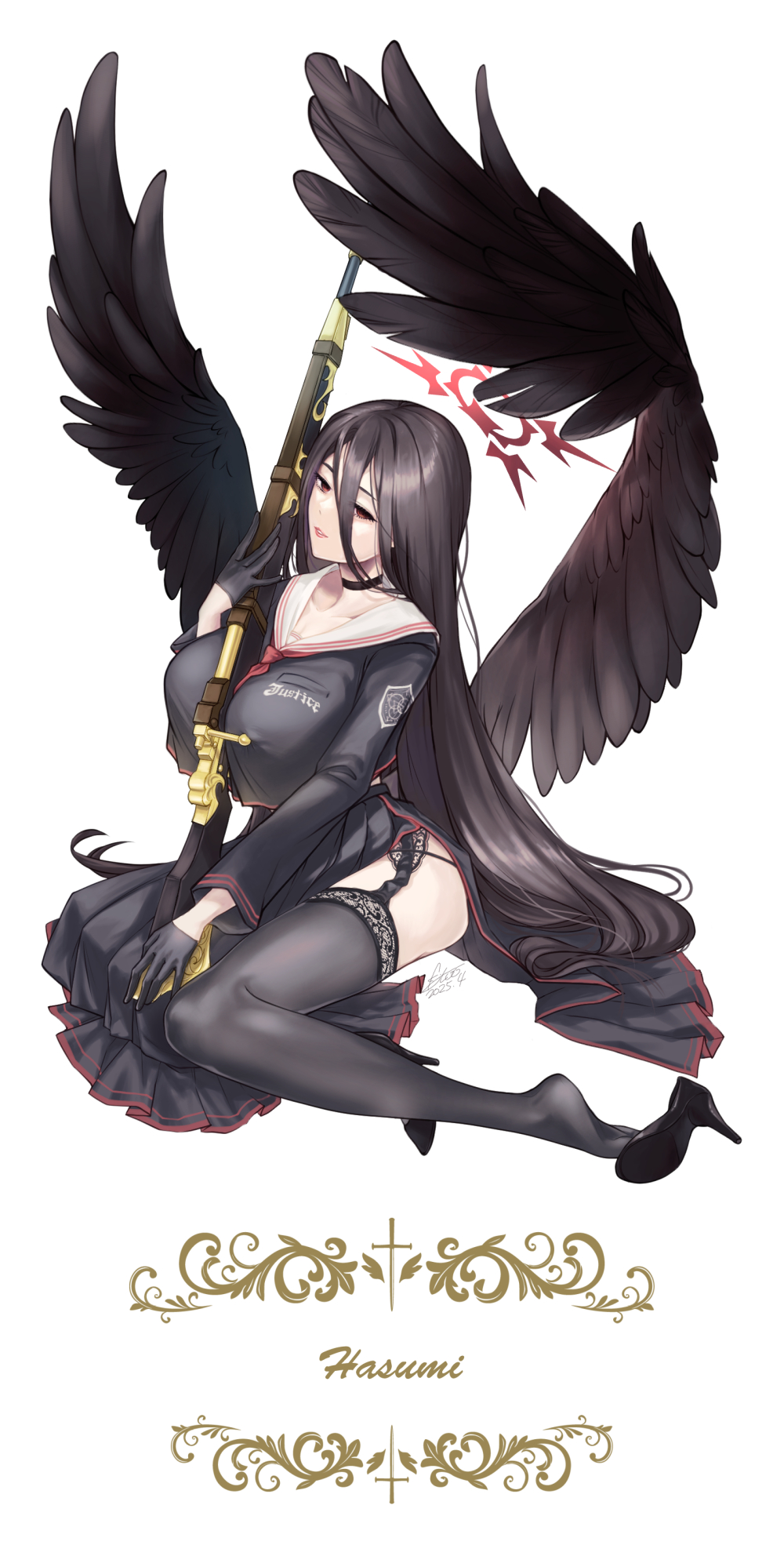 kj2, hasumi (blue archive), blue archive, highres, 1girl, black hair, black shirt, black shoes, black skirt, black thighhighs, black wings, bolt action, breasts, character name, collarbone, feathered wings, full body, garter straps, gun, hair between eyes, halo, high heels, huge breasts, long hair, long hair between eyes, long skirt, long sleeves, looking at viewer, low wings, m1917 enfield, neckerchief, oversized wings, parted lips, red eyes, red halo, red neckerchief, rifle, sailor collar, shirt, shoes, sitting, skirt, solo, thighhighs, thighs, very long hair, weapon, white background, white sailor collar, wings