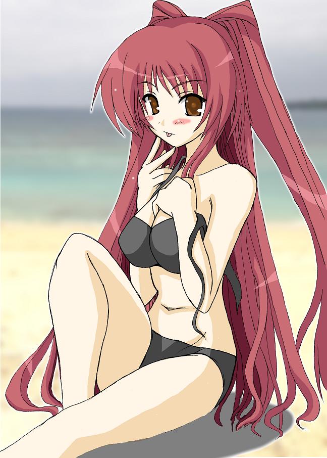 kousaka tamaki, to heart (series), to heart 2, 00s, 1girl, :p, beach, bikini, black bikini, blush, brown eyes, day, female focus, long hair, red hair, solo, swimsuit, tongue, tongue out, untied bikini, very long hair