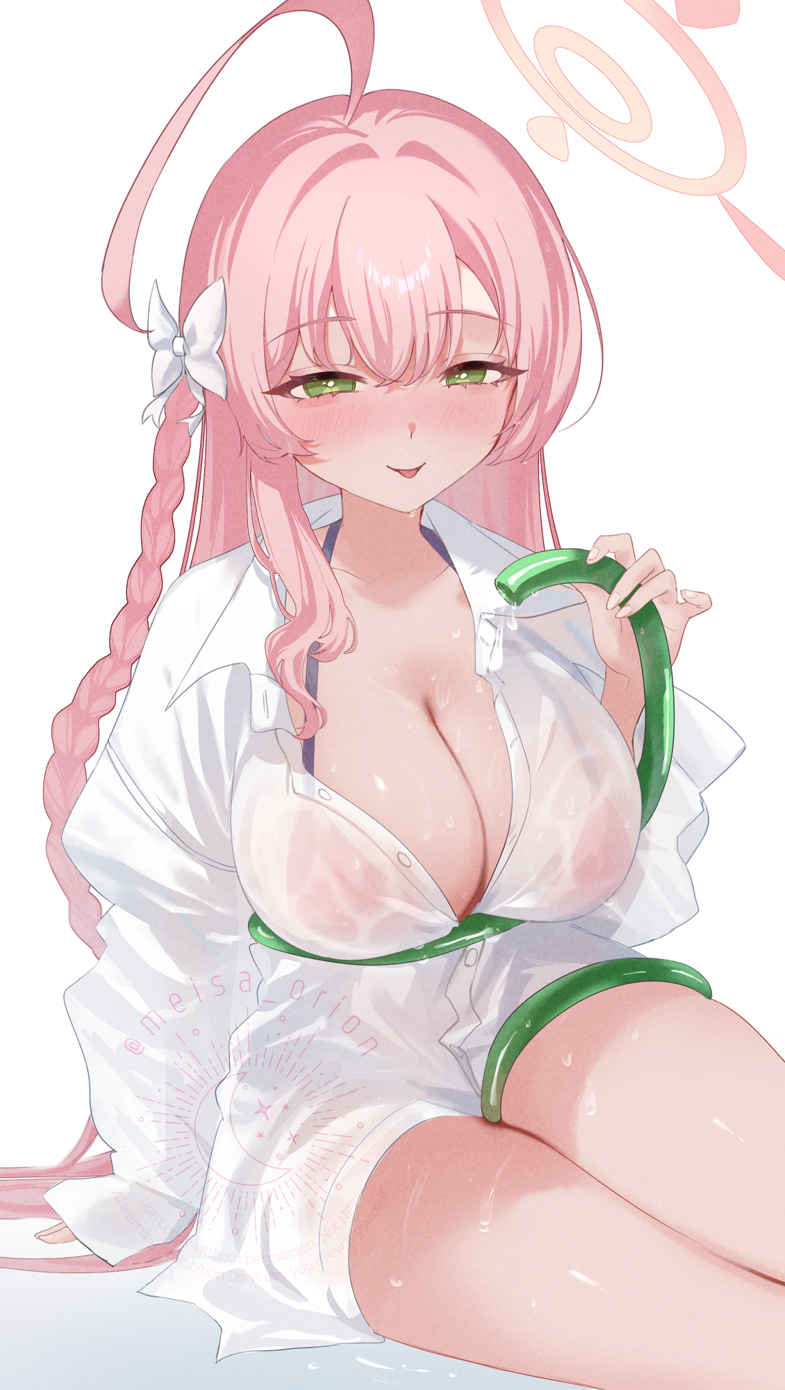 meisa orion, hanako (blue archive), hanako (swimsuit) (blue archive), blue archive, highres, 1girl, ahoge, bikini, blush, bow, braid, breasts, cleavage, collarbone, green eyes, hair between eyes, hair bow, halo, holding, holding hose, hose, huge ahoge, large breasts, long hair, looking at viewer, pink hair, pink halo, red bikini, shirt, single braid, sitting, solo, swimsuit, thighs, tongue, tongue out, twitter username, watermark, white bow, white shirt