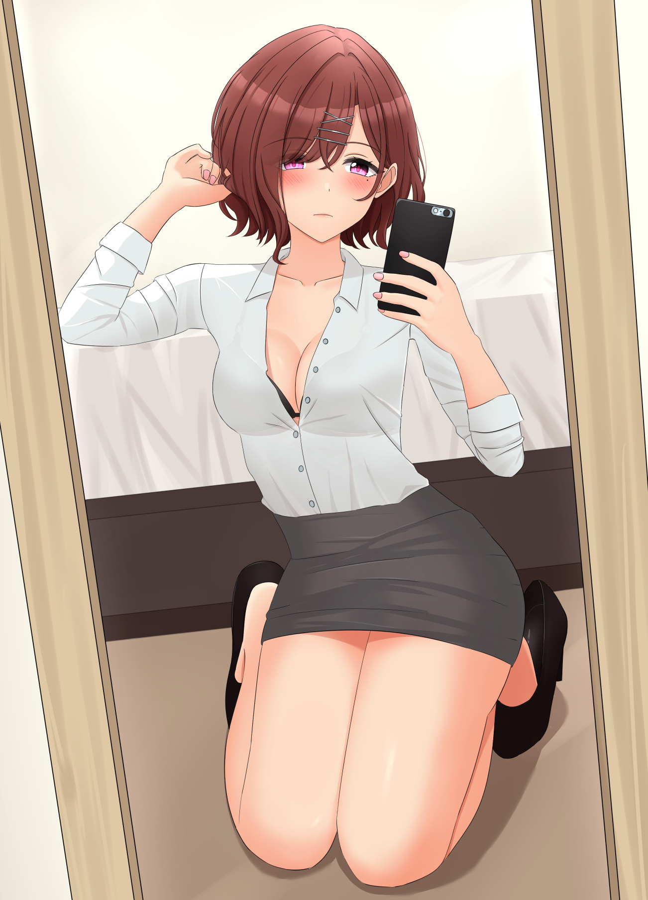higuchi madoka, idolmaster, idolmaster shiny colors, highres, 1girl, black skirt, bra, breasts, cellphone, cleavage, closed mouth, collared shirt, holding, holding phone, mirror selfie, office lady, paulthetallguy, pencil skirt, phone, selfie, shirt, shirt tucked in, skirt, smartphone, underwear, white shirt