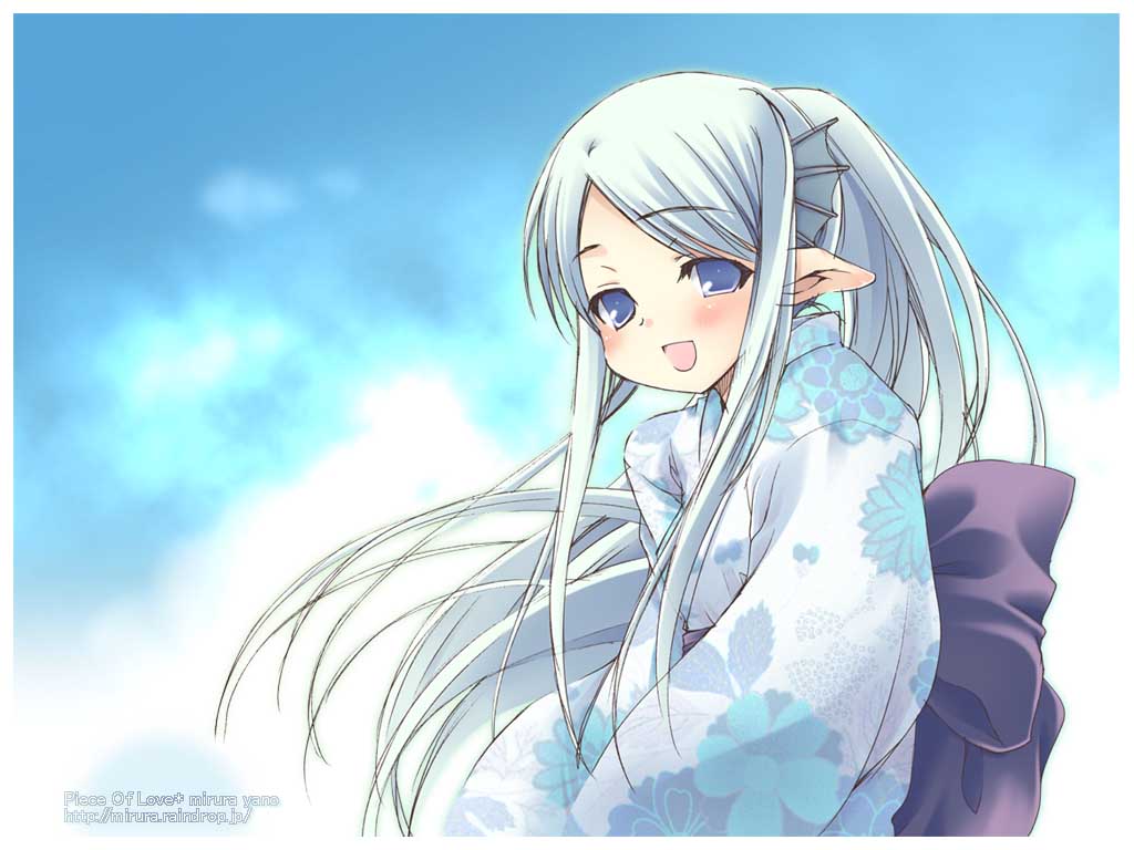 yano mirura, original, 1girl, :d, blue eyes, elf, female focus, fins, head fins, japanese clothes, kimono, long hair, open mouth, pointy ears, ponytail, smile, solo, white hair