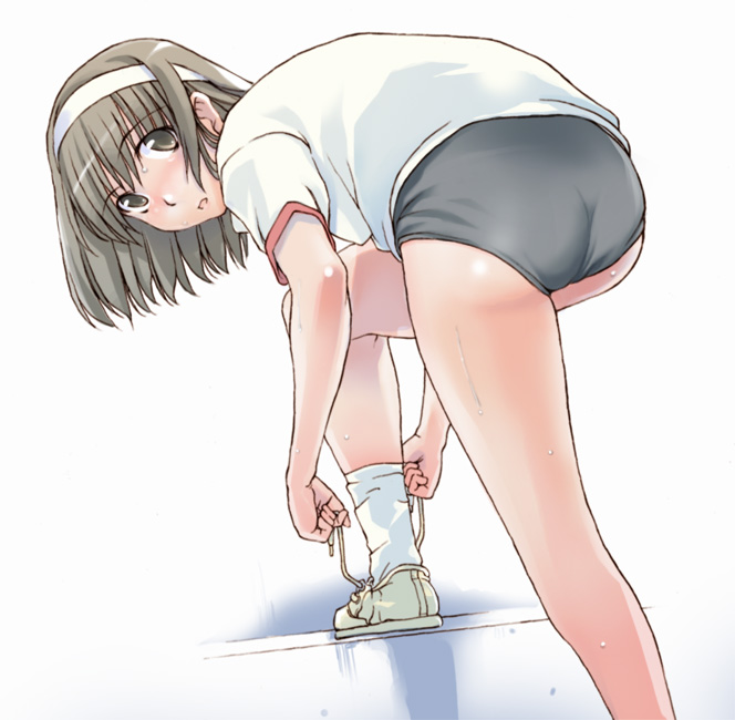 takeda sun, original, 1girl, bent over, brown eyes, brown hair, buruma, female focus, gym uniform, hairband, looking at viewer, looking back, shoes, solo, sweat, yellow shoes