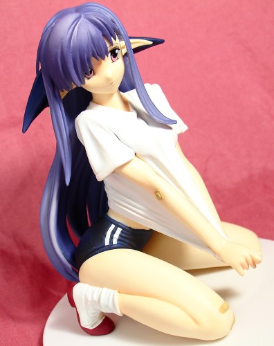 nerine, shuffle!, lowres, photo (medium), 00s, 1girl, bandaid, bandaid on knee, bandaid on leg, buruma, demon, double vertical stripe, female focus, figure, gym uniform, long hair, pointy ears, purple hair, shirt tug, solo