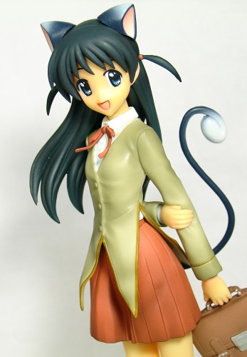 tsukamoto tenma, school rumble, lowres, photo (medium), 00s, 1girl, animal ears, black hair, blue eyes, cat ears, cat tail, dutch angle, female focus, figure, gradient background, long hair, school uniform, simple background, smile, solo, tail, two side up
