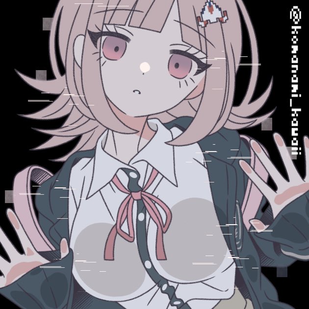 komanami kawaii, nanami chiaki, danganronpa (series), danganronpa 2: goodbye despair, 1girl, against glass, breasts, brown hair, collared shirt, flipped hair, hair ornament, hood, jacket, long sleeves, looking at viewer, medium hair, neck ribbon, open clothes, open jacket, pink eyes, pink ribbon, ribbon, shirt, simple background, solo, white shirt