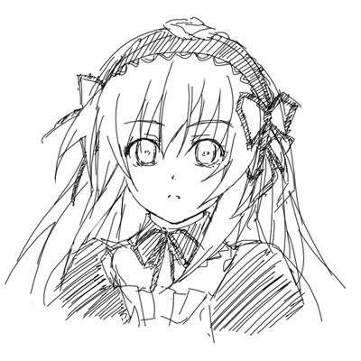 nanahashi tokoyo, suigintou, rozen maiden, lowres, 00s, 1girl, female focus, gothic lolita, greyscale, hairband, lolita fashion, lolita hairband, long hair, monochrome, sketch, solo