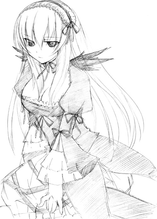 takami ryou, suigintou, rozen maiden, traditional media, 00s, 1girl, female focus, greyscale, monochrome, simple background, sketch, solo, white background